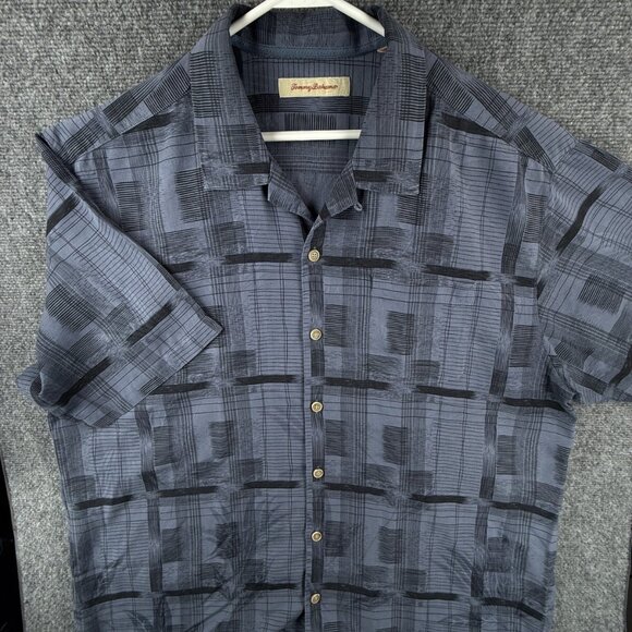 Tommy Bahama Button Up Shirt Short Sleeve Silk Hawaii Tropical Purple Geometric - Picture 1 of 13
